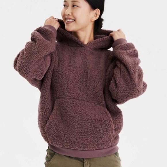 American Eagle Outfitters Tops - American Eagle Fluffy Sherpa Hooded Teddy Sweater in Dark Plum